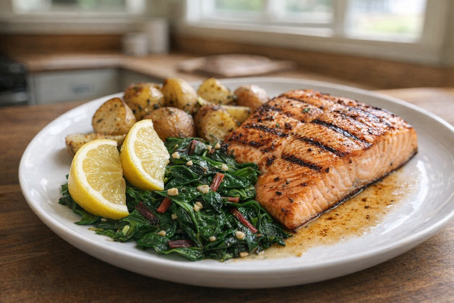 A plated dish of sauteed Swiss chard with garlic, garnished with lemon wedges, served alongside grilled salmon and roasted potatoes, natural light